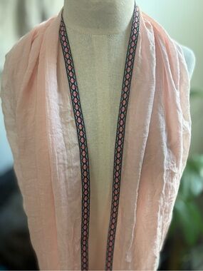 2 Chic Lightweight Pink Scarf with Navy Embroidered Trim
